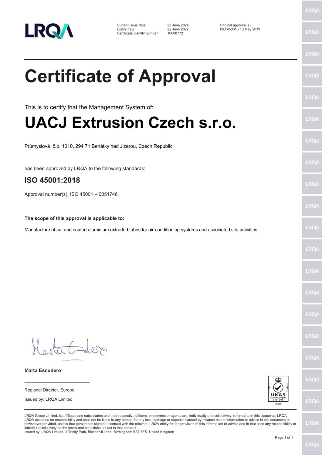 Certifikát OHSAS ISO 45001:2018