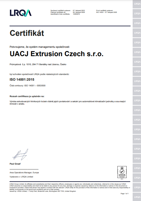 Certifikát EMS ISO 14001:2015