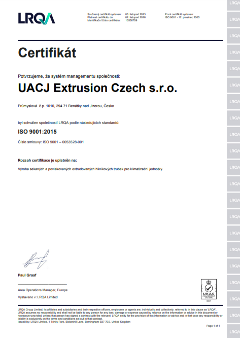 Certifikát ISO 9001:2015