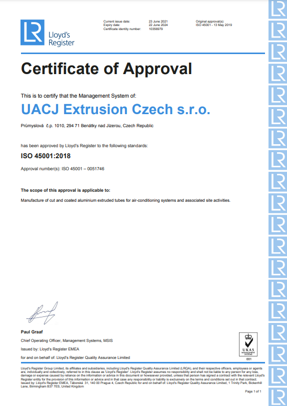 Certifikát OHSAS ISO 4500:12018 A