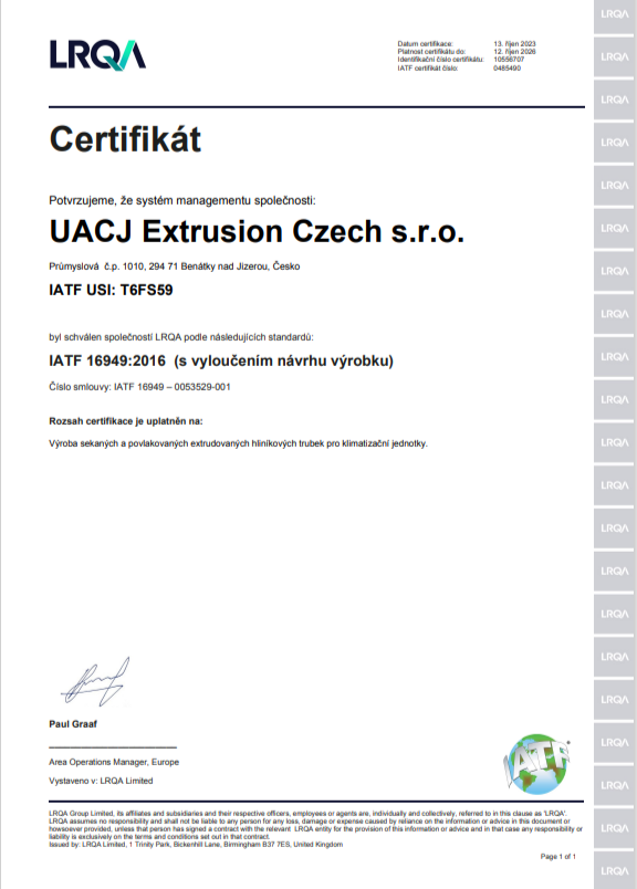 Certifikát IATF USI: T6FS59
