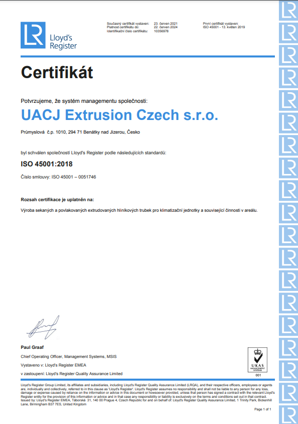 Certifikát OHSAS ISO 450012018