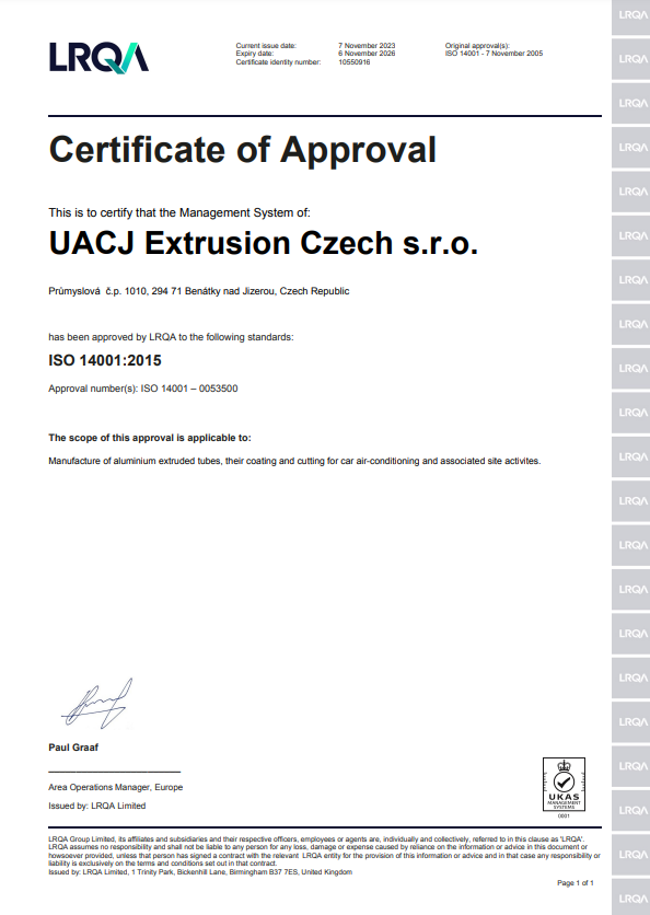 Certifikát EMS ISO 14001:2015 A